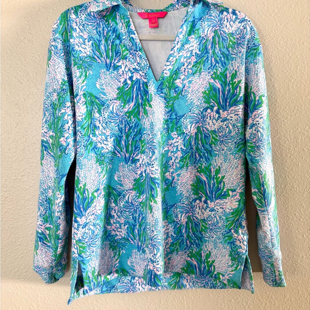 Lilly Pulitzer XS Clanton Long Sleeve Top In Las Olas Aqua Strong Current Sea